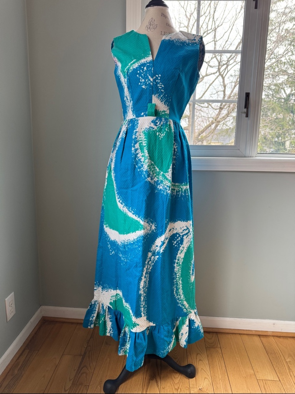 Malia of Honolulu vintage waffle bark cloth maxi Hawaiian sleeveless dress XS - Picture 2 of 10